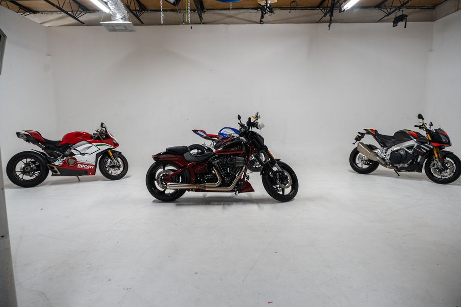 Three distinct motorcycles displayed in a white studio environment, showcasing their unique designs.